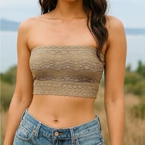 New Free People Floral Lace Trim Bandeau Taupe $28 Size Small